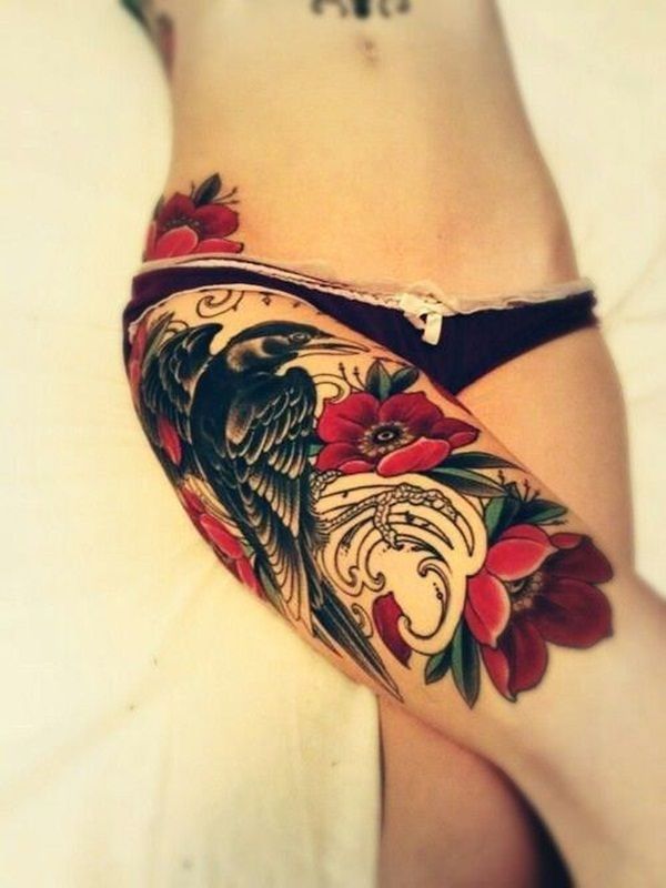 colorful thigh tattoo