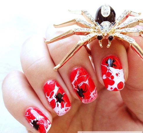 Red Black And White Spider Nail Art