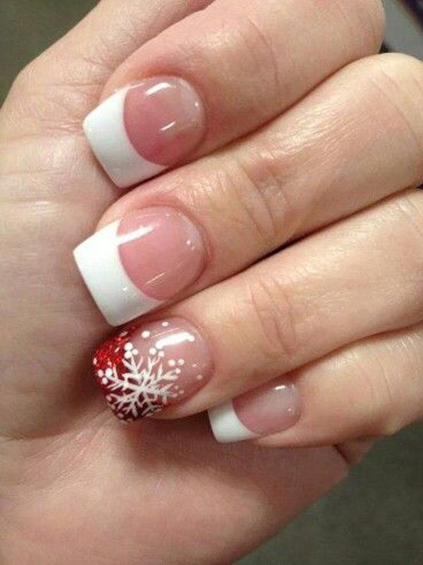 32 French Manicure with red snowflake nail