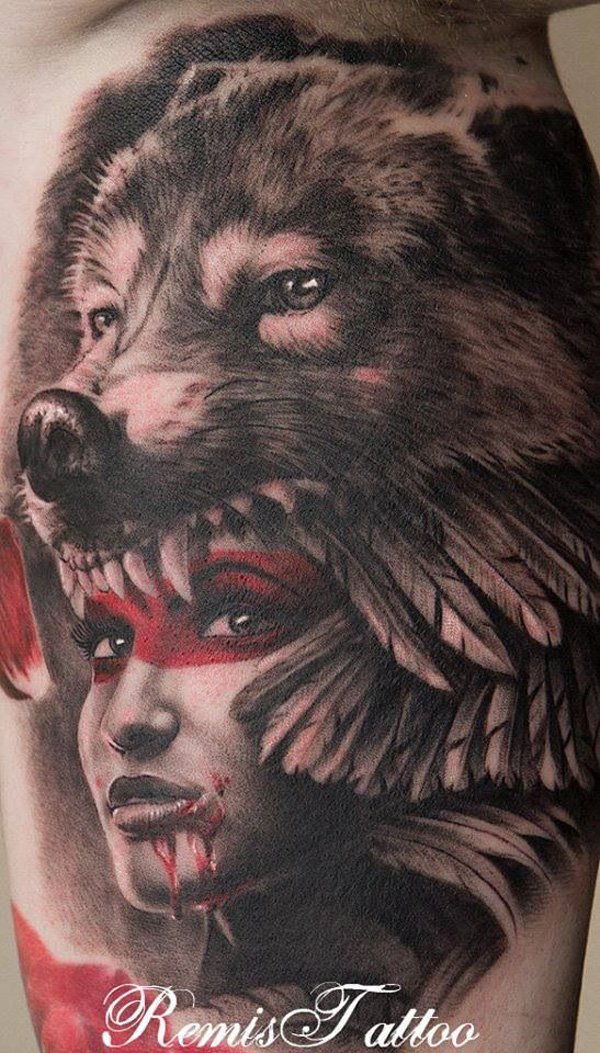 Wolf headdress tattoo girl
