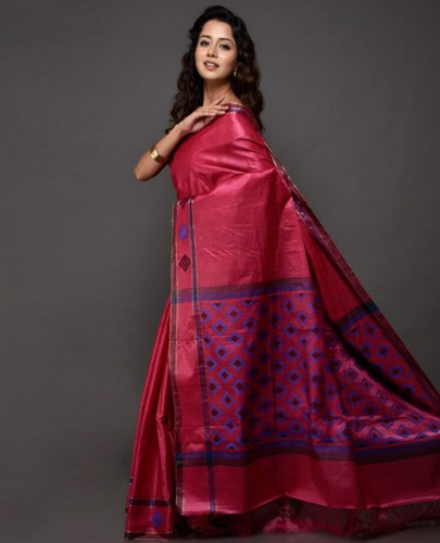 Kosa Sarees-Pink Kosa Silk Saree With Geometric Designs 3