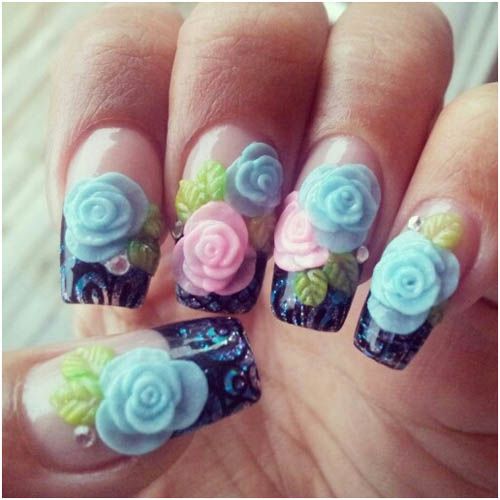 Acril 3D Nail art roses and leaves