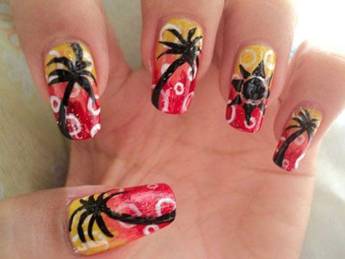 Straw dots and sunset palm tree nail art
