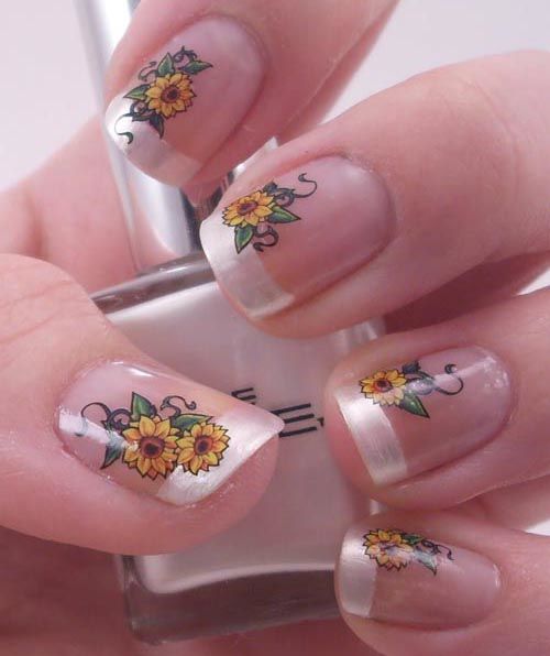 French Manicure Sunflower Nail Art