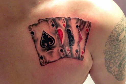 patru Aces Colored Chest Tattoo Design