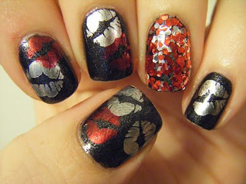 Shimmery kiss nail art tuned with sequins