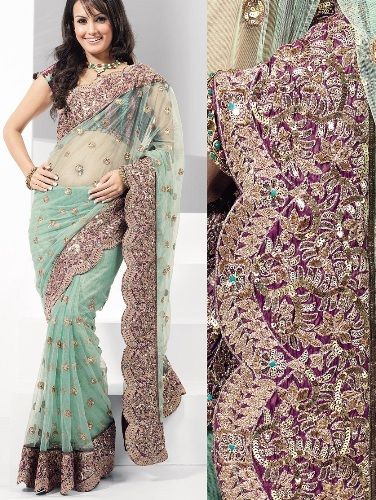 Mint Green Heavy Embellished Party Sari 4