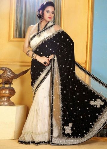 Black And Cream Velvet Sari 5