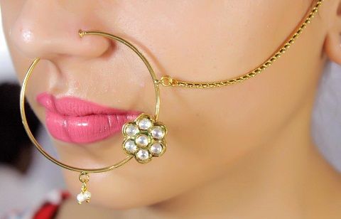 Designer Traditional Bridal Nose Ring with Chain