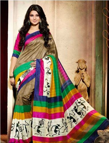 Spausdinta Saris-Multi Coloured Warli Border Sari 3