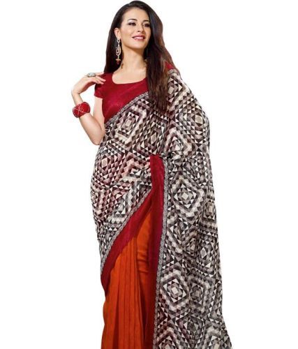 Spausdinta Saris-Rust Sari With Black And White Geometric Print 5