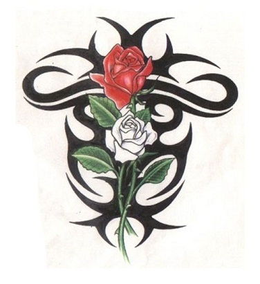 Törzsi cross tattoo with rose design