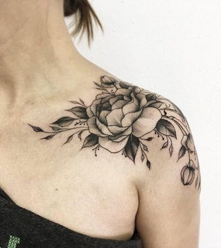 Peony flower tattoo on shoulder neck