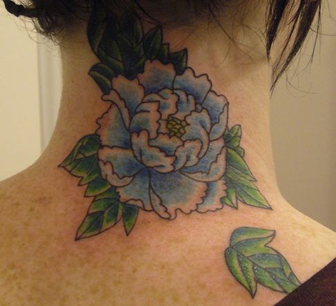 Back neck blue peony flower tattoo