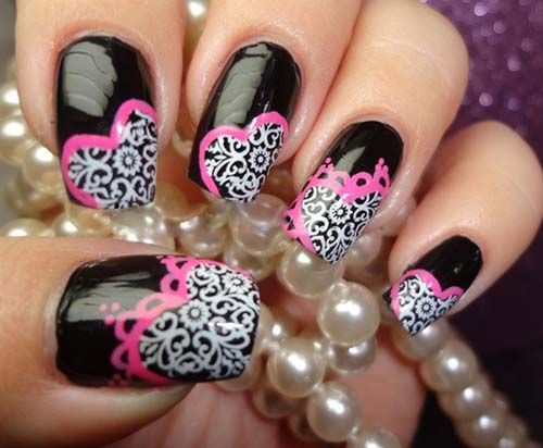 Lacey-Hearts Nail Art Design