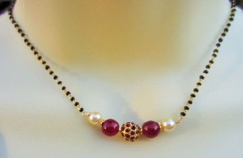 Black bead-Pearl-Ruby Mangalsutra Chain with Pendant