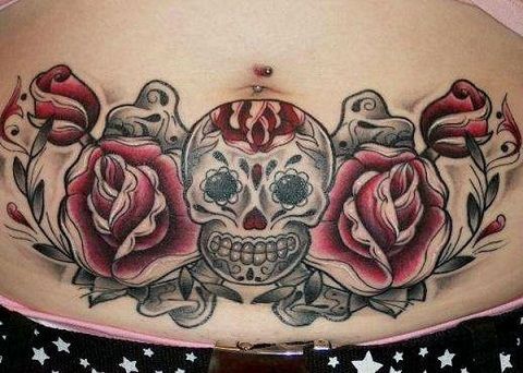 Pink Skull Tribal Back Tattoo