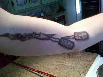 Pentru totdeauna dog tag tattoo on arm