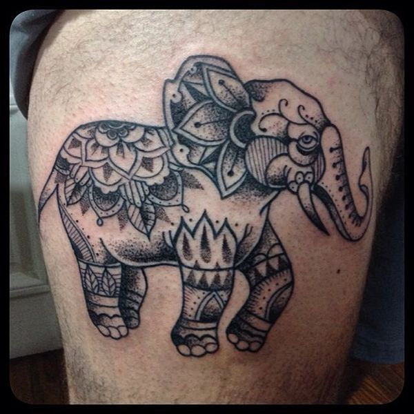 15 elephant tattoo on dotwork technique on the thigh