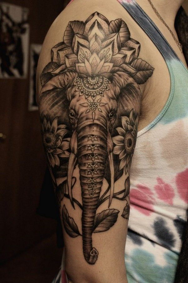 29 black and gray tattoo of elephant with floral ornaments on half-sleeve