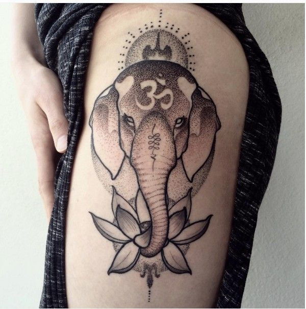 4 Black and white symbolical elephant tattoo with lotus