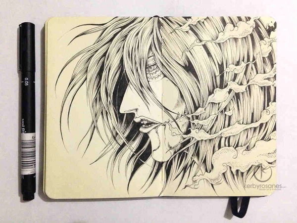 Un artwork derived from the female titan character from the anime and manga, Shingeki No Kyojin / Attack On Titan. Not his usual style, more of a hair study but still using traditional art.