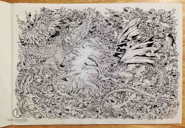 FOC AND ICE (A doodle about the collision between a phoenix on fire and an icy dragon.) - 11 x 16 inches - Uni Pin Fineliners - approximately 14 hours of doodling