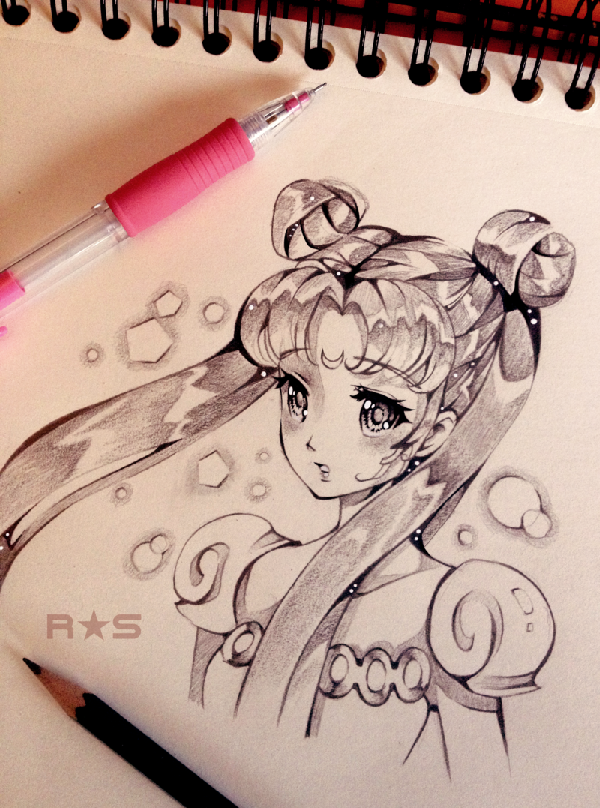 Nuostabus traditional art by reiraseo. Only using a ballpoint pen, the carious ink shading used on this traditional art is very impressive. The contrasting soft and hard shadowing also adds to the illusion of a dreamy background surrounding Sailor Moon.