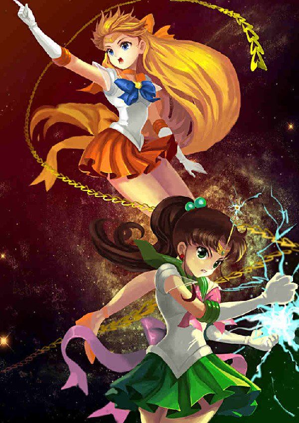 harcoló side by side as drawn by amg192003. Sailor Jupiter and Sailor Venus show off their abilities and powers in this illustrations as well as how nasty they can get in battle.