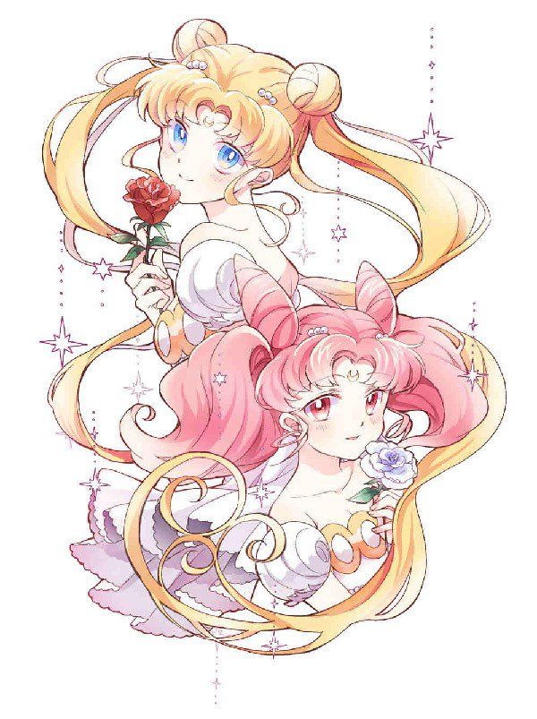 Usagi and Chibiusa art by Pixiv artist by IKU♥1539. Both characters look wonderful and compliment each other with their hairs intertwined thus creating a frame for the drawing as well.
