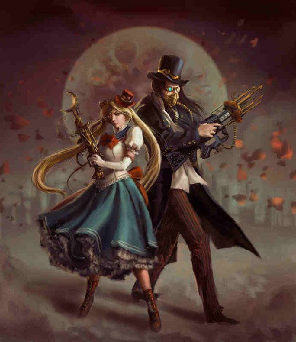 Kada it comes to alternate universe, this very creative art by anotherwanderer would take the bag. Sailor Moon and Tuxedo Mask are both depicted as to live in the Steampunk environment. 