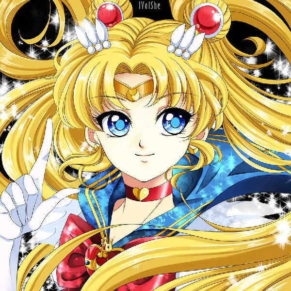 A manga-ish depiction of Sailor Moon by artist lValShe. Sailor Moon here is in her Super Sailor Moon form and is confidently posing before she enters battle.