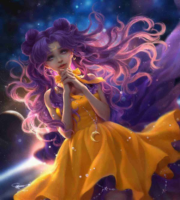 Rejtélyes yet beautiful. Sailor Moon art by sunmomo. Hair clad in hints of pink and purple, it gives you a contrast of both Sailor Moon and Chibiusa at the same time.