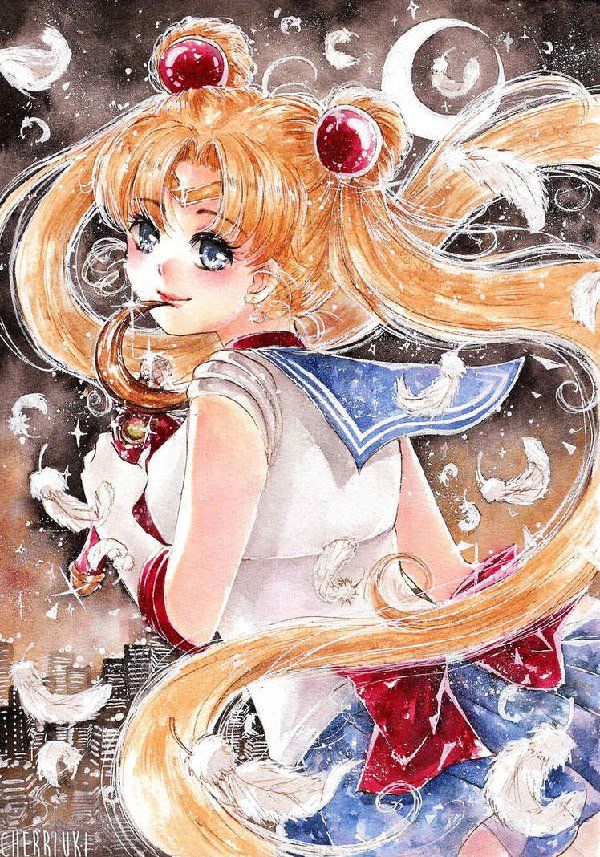 A rather cute and bashful Sailor Moon in this eye catching art drawn by cherriuki. It captures the childlike spirit of Sailor Moon as well as her feminine side.