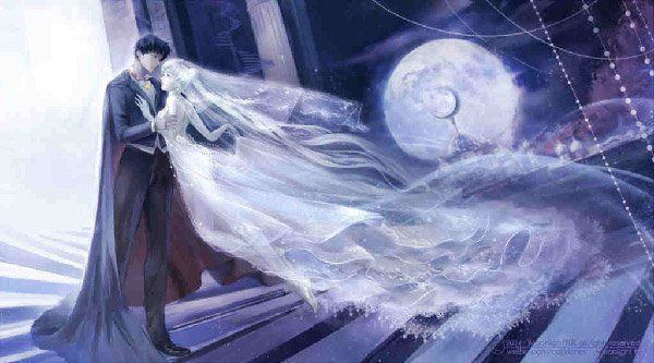 A romantic night between Sailor Moon and Tuxedo mask with the moon as their witness. An amazing illustration created by moonlightYUE from DeviantArt.
