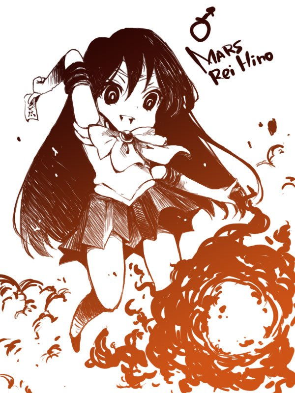 Jūreivis Mars drawn in a cute chibi form by Pixiv artist yuminchi. The illustration uses a simple inking technique that accentuates the black and the reddish glow throughout the canvass.