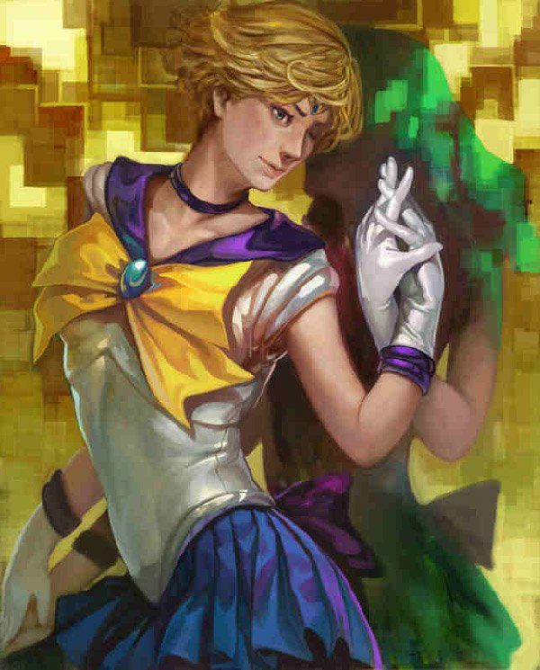 Naudojimas a watercolor paintbrush for this digital art by k-BOSE, it is still able to capture the digital pixelation behind Sailor Uranus. The silhouette of Sailor Neptune can be somewhat seen and the painting effect of the art proves to be perfect for her shadowy figure.