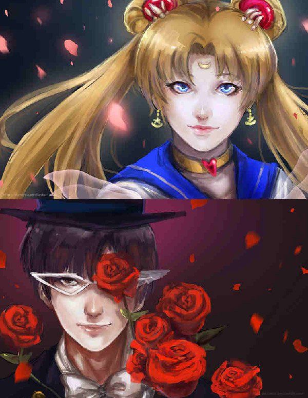 Žiūriu like star crossed lovers, the artist by darkshia did a very good job in connecting the rose petals from Tuxedo Mask to Sailor Moon. On the other the different colors of the rose petals represent the personality of each one.