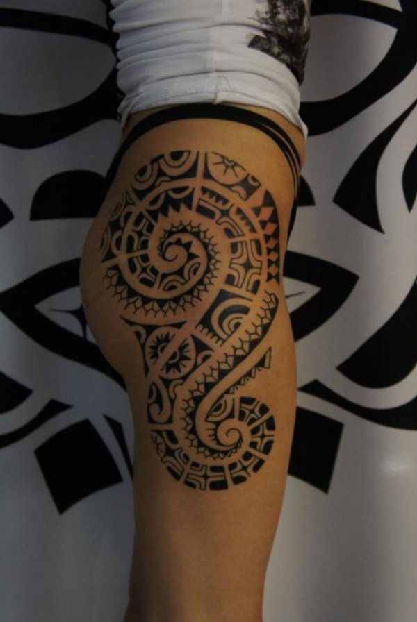 Marquesan full leg tattoo for women