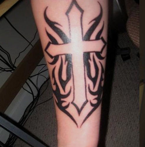 Crucifix Tribal Arm Tattoo