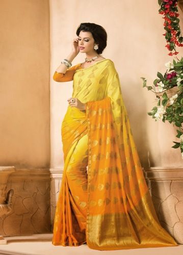 Crepe Sarees-Yellow And Golden Crepe Silk Printed Saree With Lace Works 011