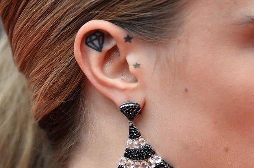 felső 15 Cute and Tiny Ear Tattoos With Images - Star with Diamond Pattern Ear Tattoo