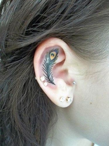 Viršų 15 Cute and Tiny Ear Tattoos With Images - Peacock Feather Pattern Ear Tattoo