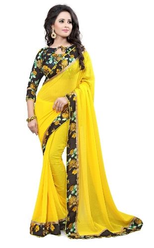 Georgette Sarees-Lemon Yellow Coloured Georgette Saree With Laced Border 014