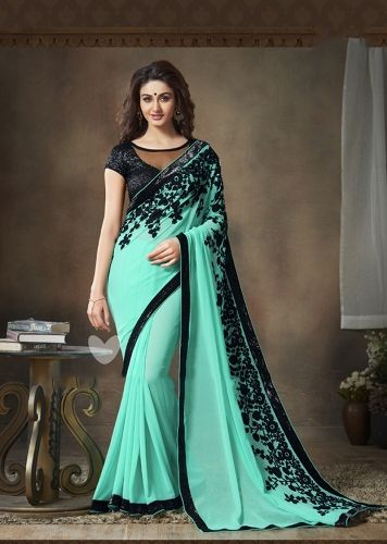 Georgette Sarees-Sea Green Coloured Georgette Party Wear Saree 015