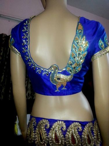 Wedding Blouse Embroidery Designs-Blue Peacock Embroidery Blouse 11