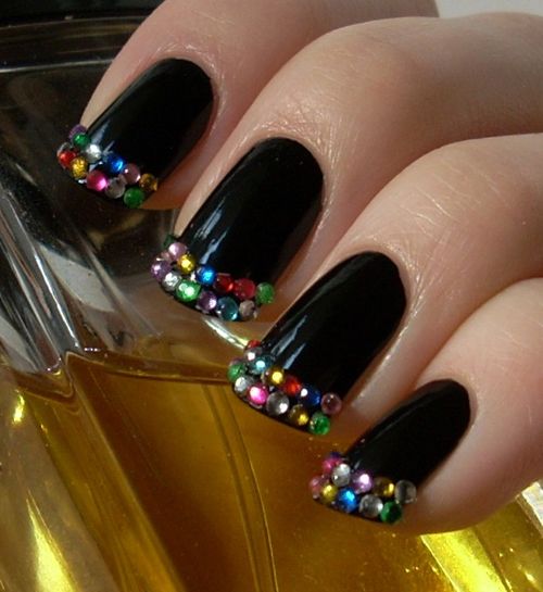 Black Tip Nail Polish Art With Colorful Studs On The Tips