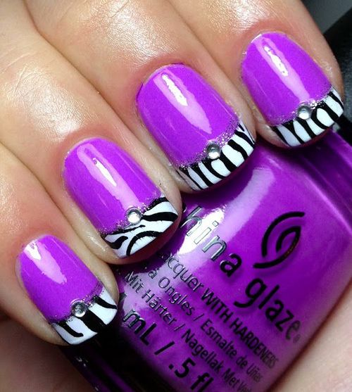 Violet with Zebra Patterned French Tip Nail Art Designs