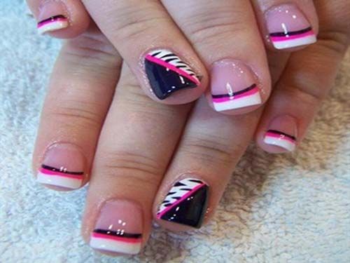 alb French Tip Nail Art with Pink and Black Border