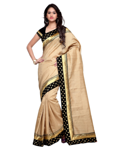 Cheap Sarees-Beige Coloured Banarasi Silk With Golden And Black Border 7